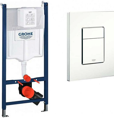 Инсталляция для унитаза Grohe SOLIDO без верхней перекладины, белая квадратная кнопка и прокладка