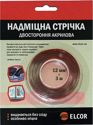 Монтажна двостороння стрічка Елкор прозора 12 мм х 3 м TRA123