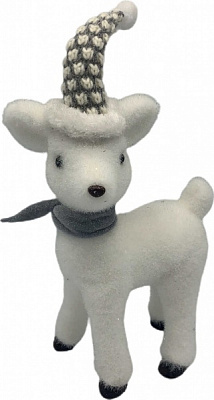 Декорация новогодняя олень белый в серой шапке 38 см 