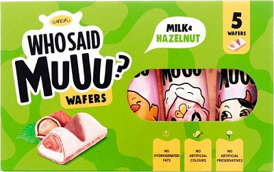 Вафли АВК Who Said Muuu? с молочно-ореховой начинкой 5 шт. Who Said Muuu? с молочно-ореховой начинкой 5 х 11,6 г 