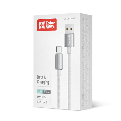 Дата-кабель ColorWay USB - Type-C (zinc alloy braided) 3А 2 м white (CW-CBUC099-WT)