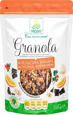 Гранола Терра с апельсиновыми цукатами, банановыми чипсами и темным шоколадом 250 г 