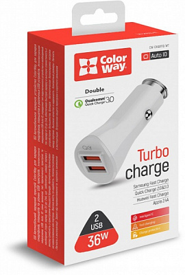 Автомобильное зарядное устройство ColorWay 2USB Quick Charge 3.0 (36W) белый 