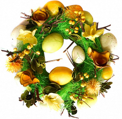 Декорация венок пасхальный из цветов и яиц желто-зеленый 26 см