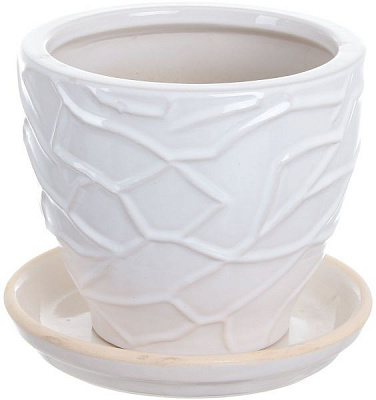 Горшок Viet Thanh Ceramic с блюдцем жатый 16х14 см VT.10842-3 фигурный белый 