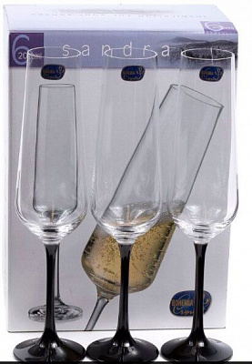 Набор бокалов для шампанского Sandra 200 мл 6 шт с черной ножкой Bohemia