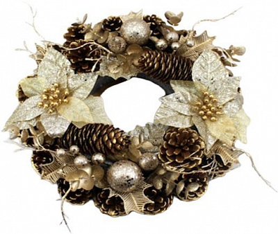 Венок новогодний декорированный шишками и цветами d300 мм W01-1286/4 