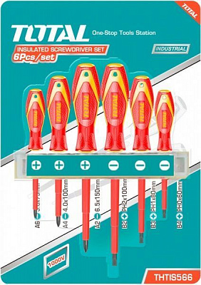 Набір викруток Total діелектричних до 1000 В 6 шт. SL 3.0 / 4.0 / 6.5 PH 0 / 1 / 2×150 мм THTIS566