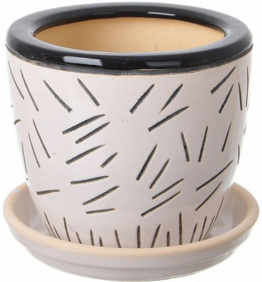 Горшок Viet Thanh Ceramic с блюдцем соломка 16х14 см VT.10310-3 круглый бежевый с черным 