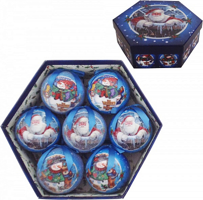 Набір ялинкових куль в подарунковій коробці Дід Мороз та Сніговик синій d7,5 мм 7 шт./уп.