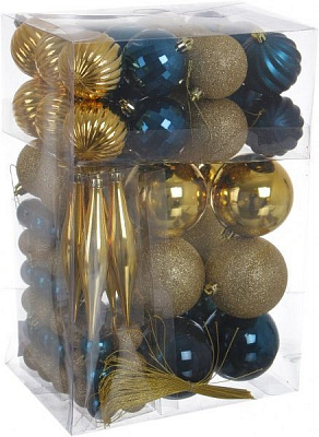 Набор елочных шаров и сосульки золото-синий 90 шт./уп. 