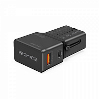 Сетевое зарядное устройство Promate TriPlug-PD20 USB-C PD+USB-A QC и EU/US/UK/AUS штекер Black (triplug-pd20.black) 