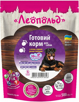 Корм для всех пород Леопольд готовый говядина, курица, ягненок, рис, печень 500 г