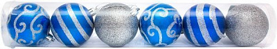 Набор игрушек Шар декорированный синий с серебром d70 мм 6 шт./уп.  