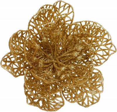 Цветок декоративный новогодняя малая золотая присыпка 10 см с зажимом