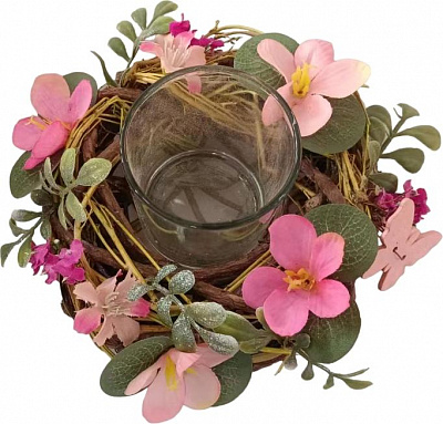 Подсвечник пасхальный с цветочками ротанг/стекло розов. 16х9 см