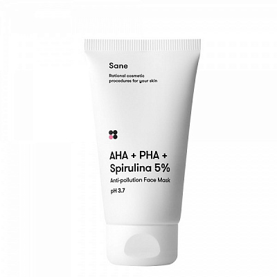 Маска для лица Sane против токсинов с AHA + PHA + спирулина 5% 75 мл