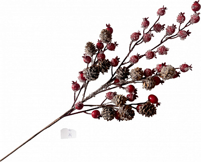 Декорація гілка з шипшиною замерзлою та шишками червоний 65 см EYC21628