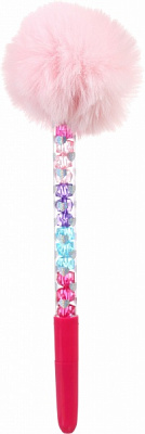 Ручка шариковая Пушистый помпон с кристаллами розовая 