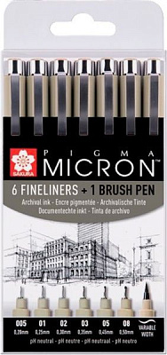 Набор линеров Sakura PIGMA Micron 6шт, 1 лннер-кисть Pigma Brush + PIGMA Micron PN В ПОДАРОК POXSDK8S 