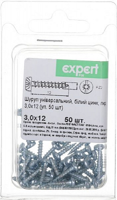 Шуруп універсальний напівкругла головка 3x12 мм 50 шт. білий цинк Expert Fix