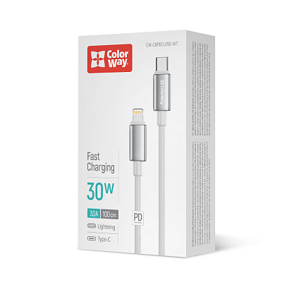 Дата-кабель ColorWay Type-C - Apple Lightning (zinc alloy braided) (PD Fast Charging 30W) 1 м white (CW-CBPDCL098-WT)