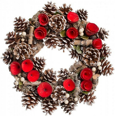 Венок новогодний с шишками и красными цветами d330 мм 70100010  