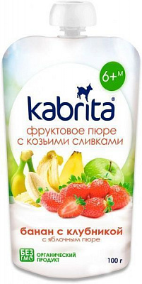 Пюре Kabrita Фруктовое пюре с козьими сливками Kabrita Яблочное пюре с бананом и клубникой с 6 месяцев 100 г 