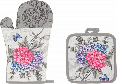 Набор кухонный прихватка и перчатка Гортензия серый Luna 