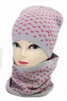 Комплект шапка + снуд для девочек Kraft+ р.52-54 светло-серый с малиновым 1509 