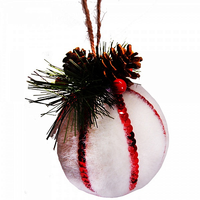 Куля новорічна пухнаста з червоною стрічкою 10 см 9224-2 білий