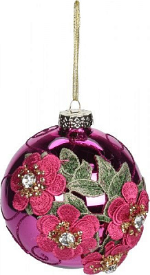 Шар новогодний с цветами фиолетовая стекло 10 см 