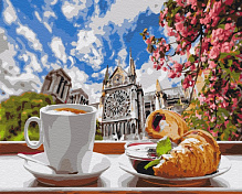 Картина по номерам Кофе с круассаном на фоне собора BS34639 40x50 см Brushme 