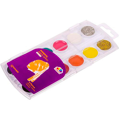 Краски акварельные серия Творчество 12 цветов, золото и серебро, без кисточки, в пластике Гамма UA