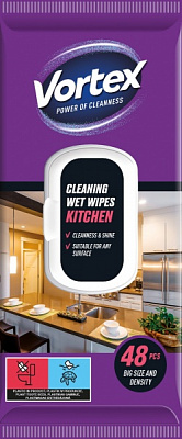 Влажные салфетки Vortex с клапаном для кухни 90x185 мм 48 шт./уп. / белый