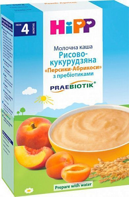 Каша молочна Hipp від 4 місяців рисово-кукурудзяна «Персики-Абрикоси» з пребіотиками 9062300113638 250 г