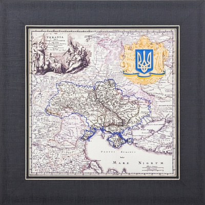 Сувенир Украинские земли на картах Иоганна Баптиста Гоманна XVIII ст. с гербом Украины 28x28 см серебряный 