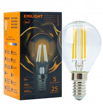 Лампа світлодіодна Emilight FIL CL G45 5 Вт E14 3000 К 220 В прозора LED Filament G45-5W-3000K-E14-
