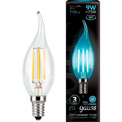 Лампа светодиодная Gauss Black FIL CF37 9 Вт E14 4100 К 220 В прозрачная 
