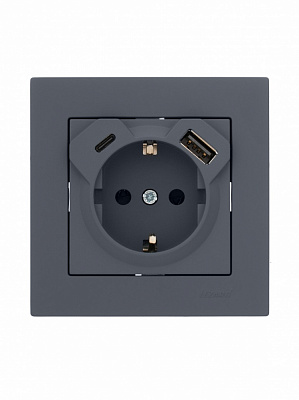 Розетка побутова + USB + Type C із заземленням Lezard Vesna шефілд грей 742-3488-181TC