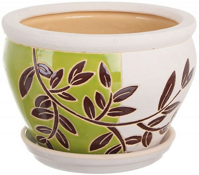 Горшок Viet Thanh Ceramic с блюдцем веточка 30х21 см VT.11004-1 круглый белый с салатовым 