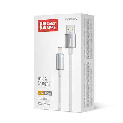 Дата-кабель ColorWay USB - Apple Lightning (zinc alloy braided) 3А 1 м white (CW-CBUL098-WT)