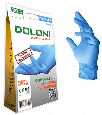 Перчатки медицинские Doloni нитриловые D-FENDER 3812 неопудренные голубые р.L 20 шт./уп.