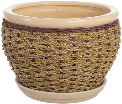 Горшок Viet Thanh Ceramic с блюдцем плетеный 30х21 см VT.10875-1 круглый бежевый с коричневым 