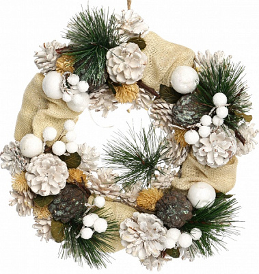 Венок новогодний заснеженный с шишками и ягодами d330 мм 7005140579  