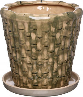 Горщик керамічний з піддоном круглий 4 л бежевий із зеленим