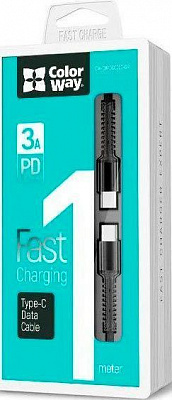 Кабель ColorWay Type-C - Type-C (PD Fast Charging) 3.0А (68W) 1 м серый 