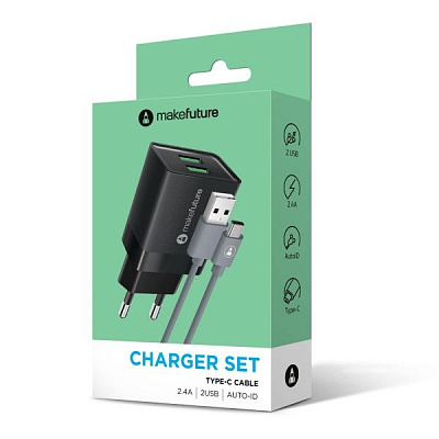 Зарядний пристрій MakeFuture 2.4A 2USB Auto-ID Black + кабель Type-C (MCWC-C22BK)