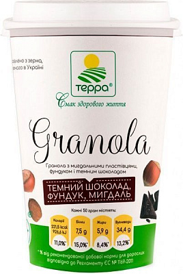 Гранола Терра с миндальными хлопьями, темным шоколадом и фундуком 50 г 