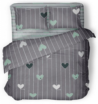 Комплект постільної білизни Green hearts 1,5 сірий із зеленим La Nuit